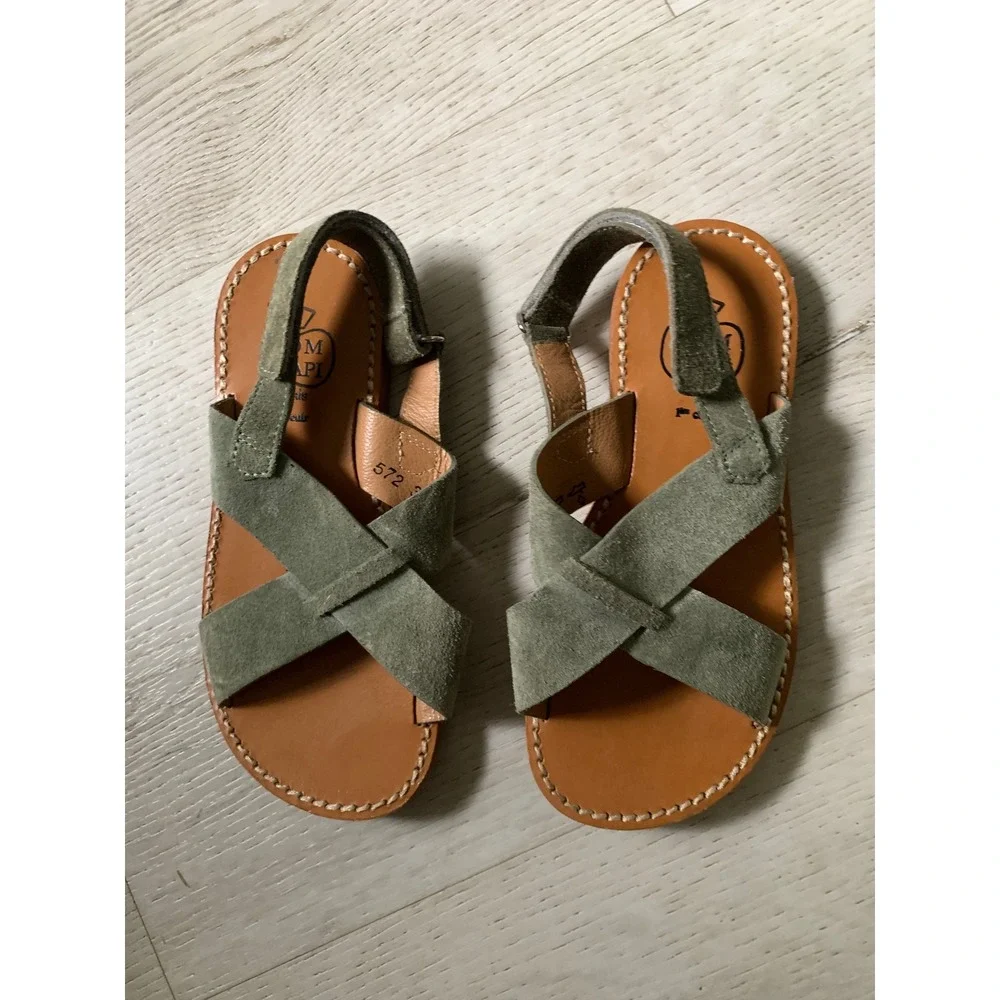 Pom D'Api Paris Kids Sage Green Suede Leather Criss Cross Sandals Size 30 EU